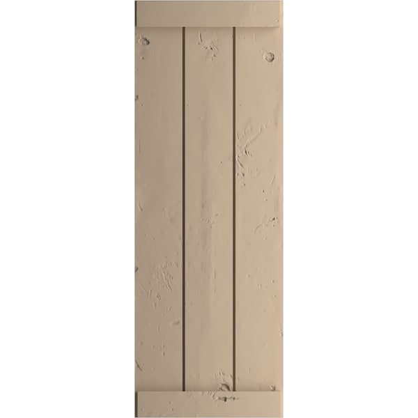 Rustic Three Board Joined Board-n-Batten Knotty Pine Faux Wood Shutters W/End Batten, 16 1/2Wx60H